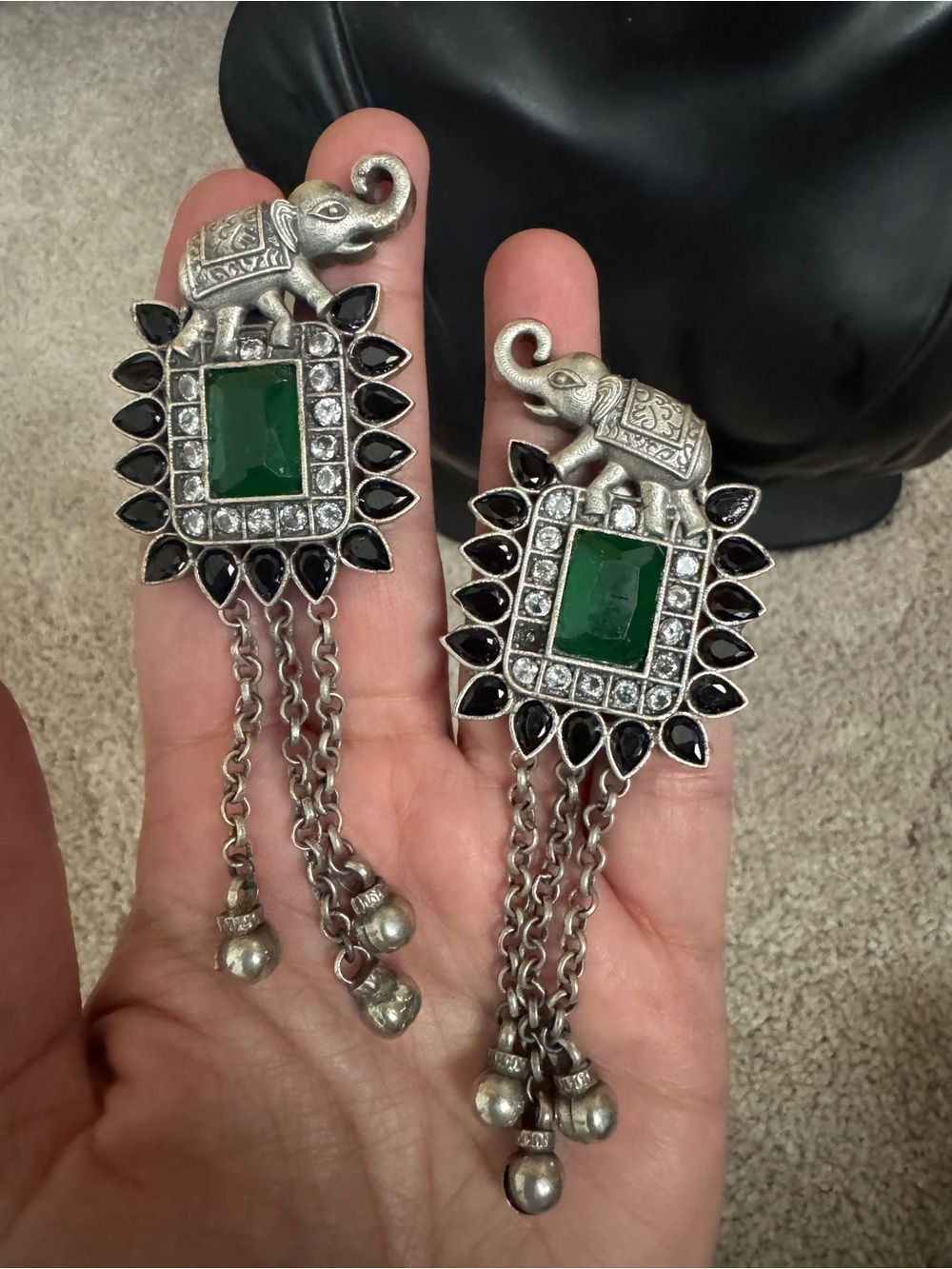 Silver Elephant Drop Earrings with Green Gemstone